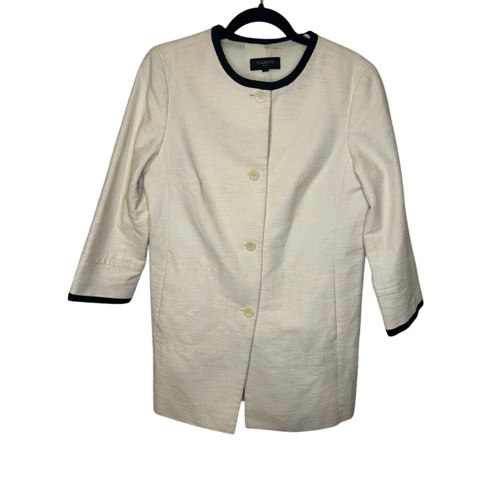 Talbots Petites Women's Textured Collarless Jacket Cream Black Trim Size 12P